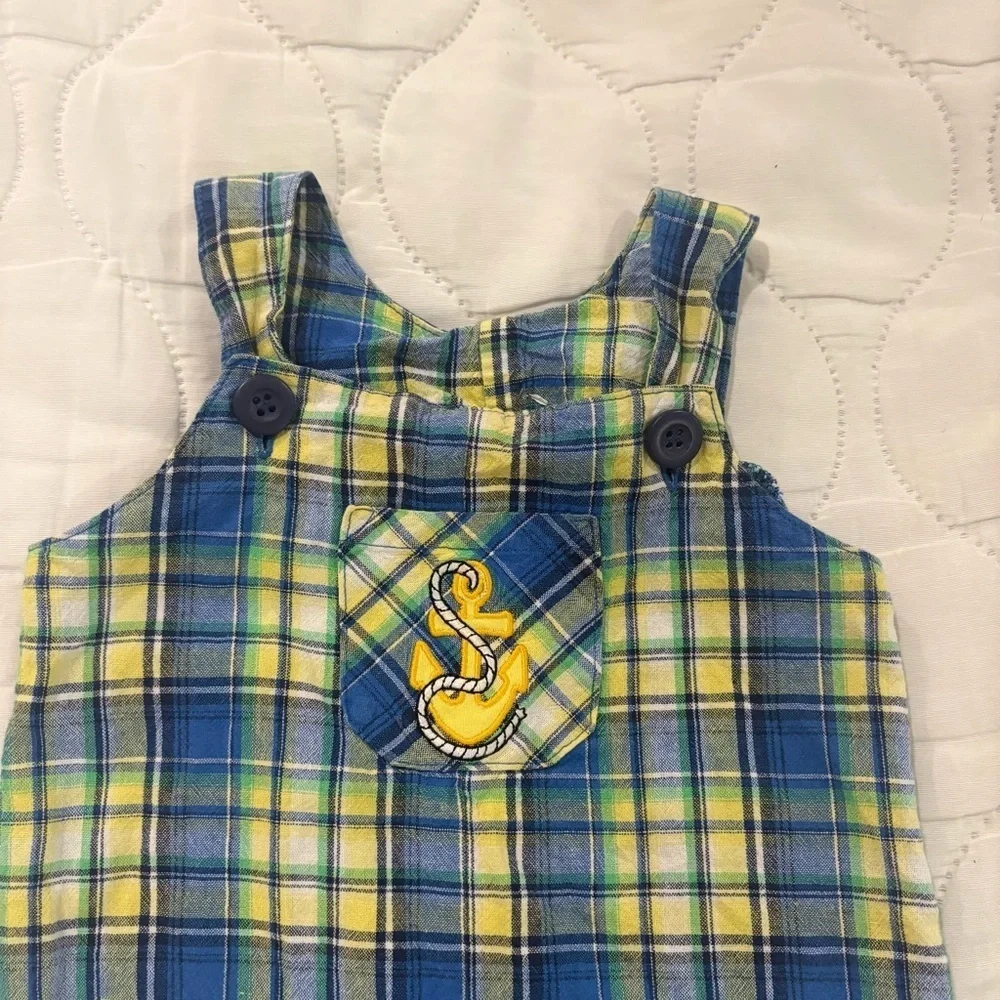 Vintage Kids Boys Plaid Maritime Nautical Anchor Embroidered Overalls Size 9M